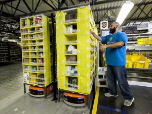 Robots in use at Amazon.