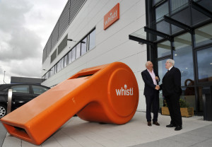 Nick Wells, CEO of Whistl, greeting local councillor Cliff Morris. 