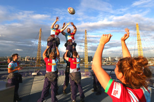 Hannah Field and James Horwill of Harlequins contest a line out on top of the O2. (Photo by Steve Bardens/Getty Images for Harlequins)